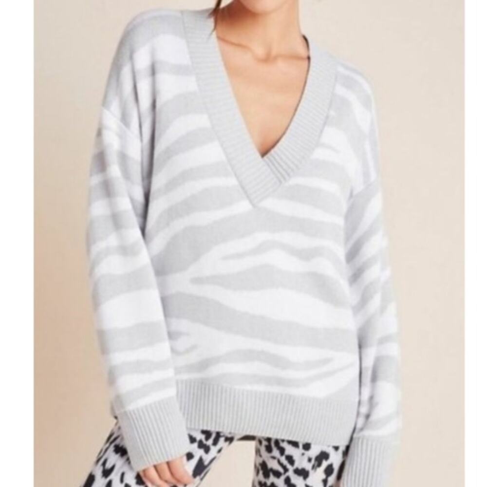 Varley Calvert Sweater XS Grey White Zebra Stripe Merino Wool Blend Slouchy